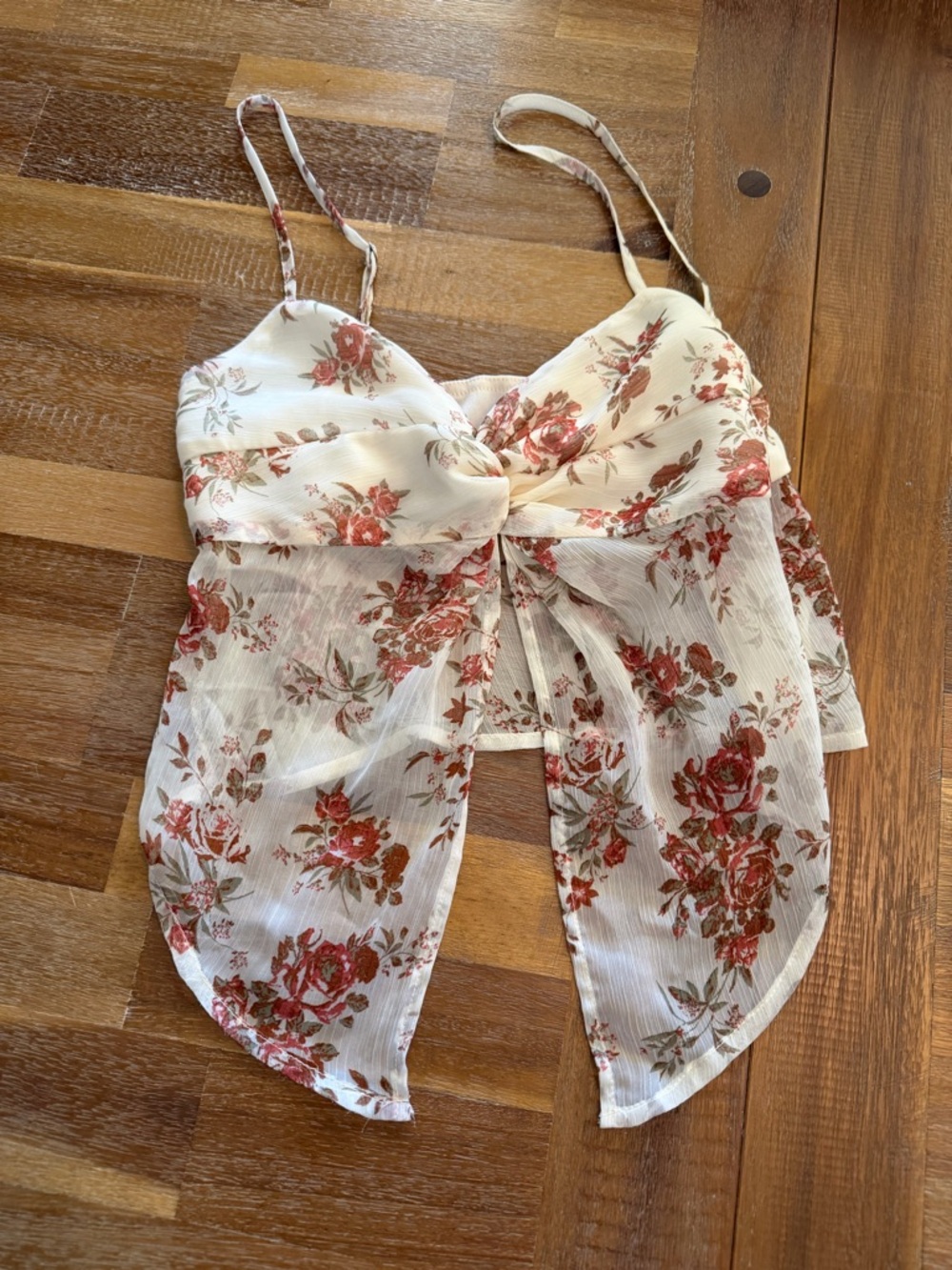 Floral Tie-Front Camisole Tank Top - Cream with Rust Floral